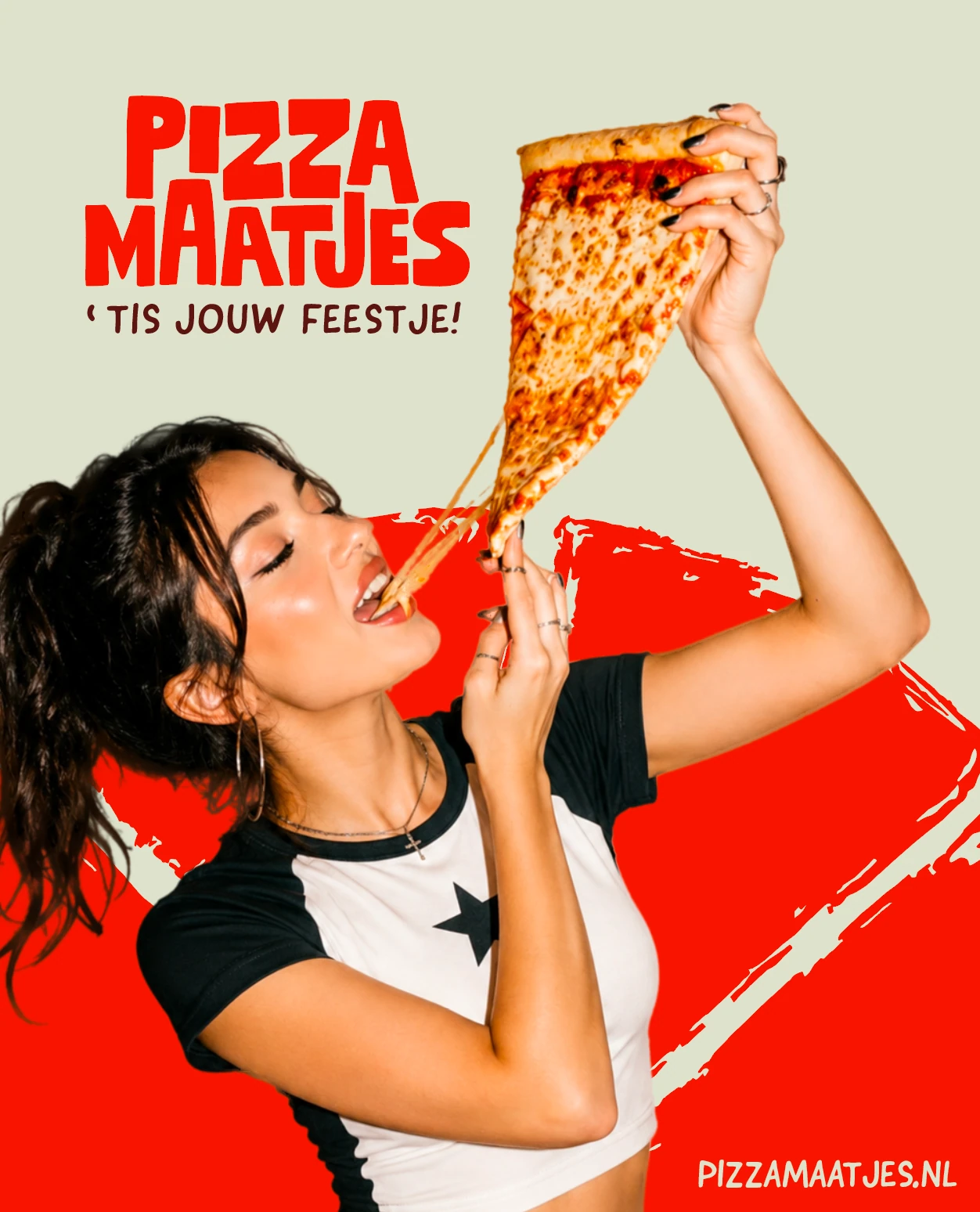 Pizzamaatjes promotional poster with oversized pizza slice