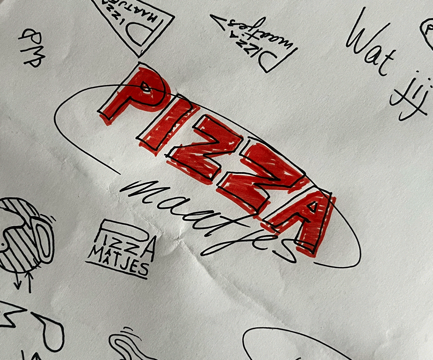 Early Pizzamaatjes logo sketch and concept development